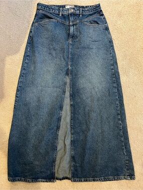 We The Free Dark Blue Denim Maxi Skirt with Center Slit